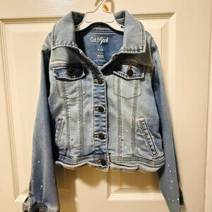 Cat & Jack Light Wash Denim Jacket Girls M 7/8 Distressed Paint Splatter